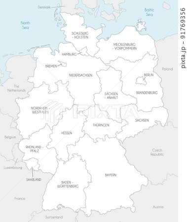 Vector map of Germany with federated states or regions and administrative divisions, and neighbouring countries. Editable and clearly labeled layers. 91769356