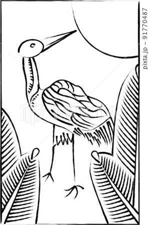 花札の筆書きイラスト　睦月　松　鶴　1月　松に鶴 91770487