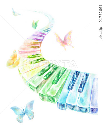 ガラスの鍵盤 虹色ピアノ 蝶 手描きのイラスト素材 [91772861] - PIXTA