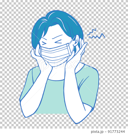 Illustration of a woman wearing a mask frowning and holding her hands behind her ears 91773244
