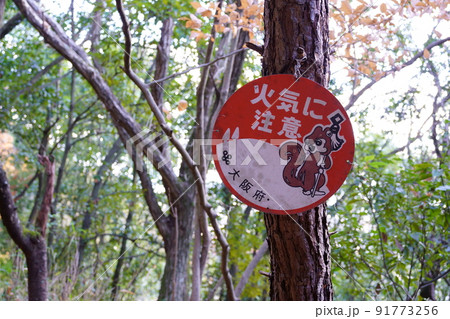 火気に注意の看板／雑木林 91773256