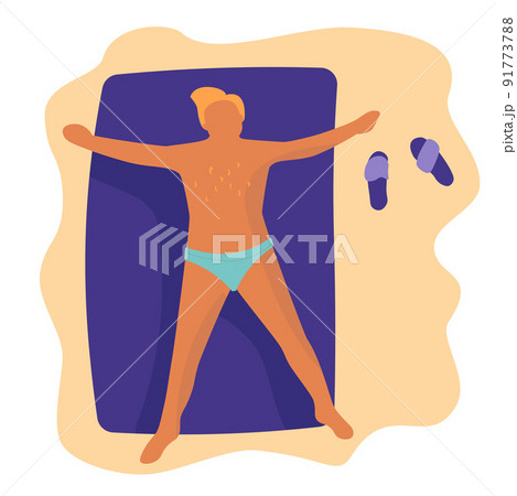 People at beach. Cartoon male character doing summer activities. Man lying on blanket. Tropical resort. Outdoor rest. Relaxing traveler. Seashore vacation. Vector sunbathing person 91773788