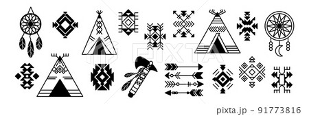 Native American patterns. Indian teepee. Geometric motifs. Dream catchers with feathers. Aztec geometric traditional shapes. Black silhouette ornaments set. Vector design background Native American patterns. Indian teepee. Geometric motifs. Dream catchers with feathers. Aztec geometric traditional shapes. Black silhouette ornaments set. Vector design background 91773816