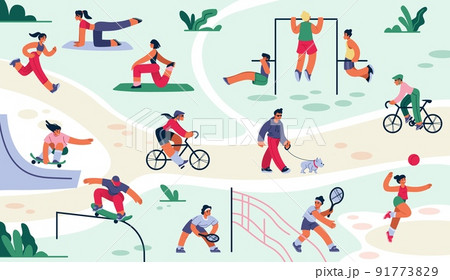 People exercise in park. Outdoor sport training. Characters skateboarding and jogging. Person in yoga asana. Active bicycle or leisure play. Summer groups. Vector workout activities set 91773829