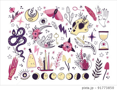Magic boho symbols. Esoteric colorful sketch with witch hand, snake and skull, alchemy tattoo, mystic potion with flowers, black and white gothic witchcraft. Outline vector illustration Magic boho symbols. Esoteric colorful sketch with witch hand, snake and skull, alchemy tattoo, mystic potion with flowers, black and white gothic witchcraft. Outline vector illustration 91773850
