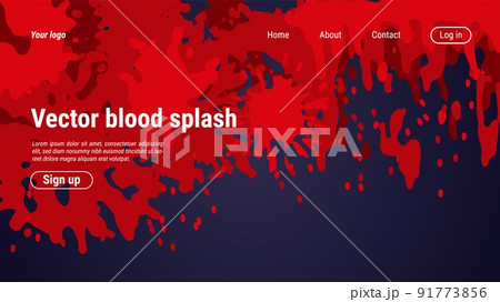 Blood splash background. Smear spatter from corner, pool screen drip, realistic crime paint. Landing page template. Stain horror web banner, scary bleeding blots. Vector poster design 91773856