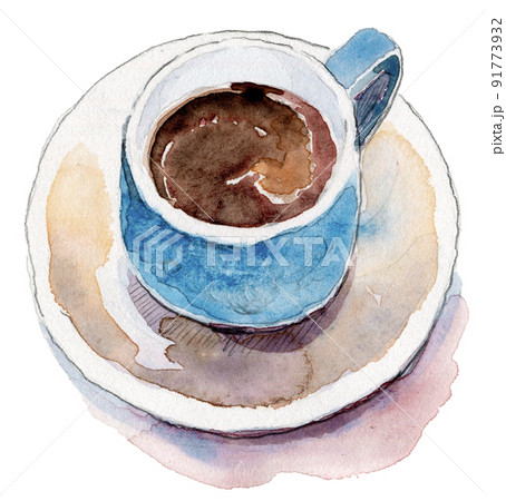 お気に入りのカップ　今朝の気分 　水彩画イラスト 水彩で手書きで描いたブルーのコーヒーカップのイラスト素材 [91773932