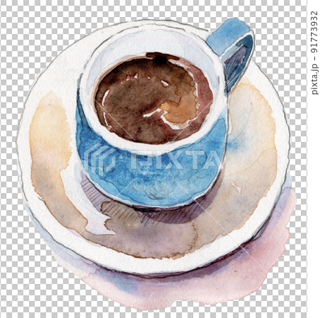 水彩で手書きで描いたブルーのコーヒーカップのイラスト素材 [91773932