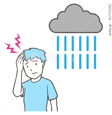 雨の日に頭痛になる男性、低気圧頭痛、天気痛、シンプル 雨の日に頭痛になる男性、低気圧頭痛、天気痛、シンプル 91775202