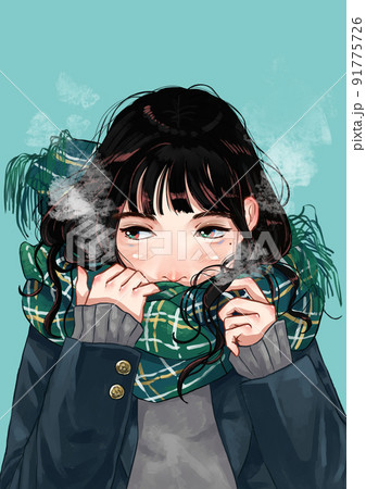 冬の寒い日にマフラーを巻いている女子高生のイラスト素材 冬の寒い日にマフラーを巻いている女子高生のイラスト素材