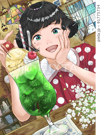 古民家カフェで大好きなクリームソーダを飲む女の子のイラスト素材