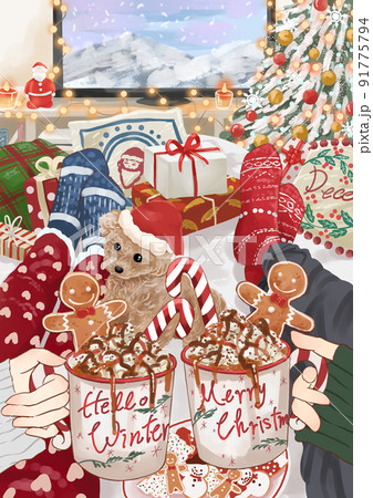 クリスマスに部屋で楽しんでいる二人と愛犬 91775794