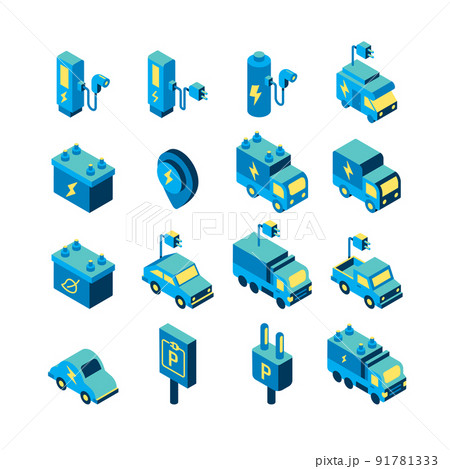 electric vehicle logo isometric flat color icons set. EV ECO clean energy technology icon. simple design vector electric vehicle logo isometric flat color icons set. EV ECO clean energy technology icon. simple design vector 91781333