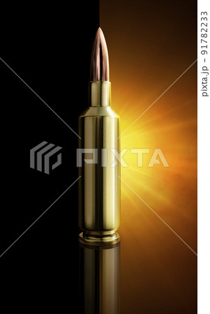 Bullets on black background with smoke, yellow orange red white colored back lights. 3d render 91782233