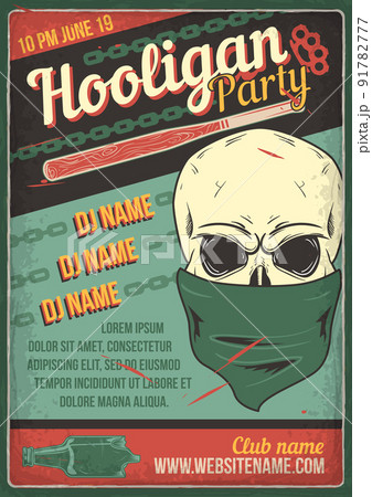 Advertising poster design with illustration of a bandit's skull on vintage background. Advertising poster design with illustration of a bandit's skull on vintage background. 91782777