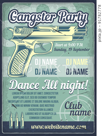Advertising poster design with illustration of a pistol and bullets on vintage background. Advertising poster design with illustration of a pistol and bullets on vintage background. 91782778