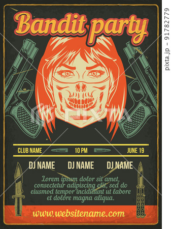 Advertising poster design with illustration of a bandit girl with pistols on vintage background. 91782779