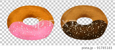 Hand-drawn illustration of a set of 2 chocolate nuts and strawberries crunch donuts Hand-drawn illustration of a set of 2 chocolate nuts and strawberries crunch donuts 91785183