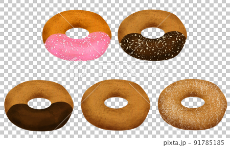 Hand-drawn illustration of a set of 5 plain sugar, chocolate, chocolate nuts, and strawberry crunch donuts 91785185