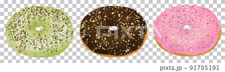 Hand-drawn illustration of chocolate, strawberry, pistachio crunch donut 3 pieces 91785191