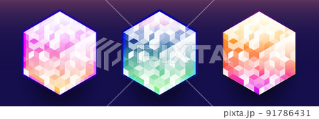 Set of 3D dimensional geometric hexagon pattern colorful elements on dark background 91786431