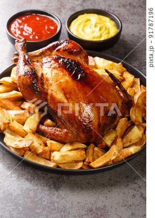 Festive grilled whole chicken with fried potatoes, mustard and ketchup close-up in a plate. Vertical Festive grilled whole chicken with fried potatoes, mustard and ketchup close-up in a plate. Vertical 91787196