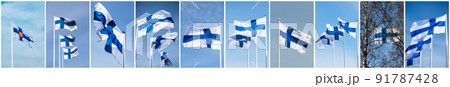 Collage with Finnish flags against blue sky. Full size. 91787428