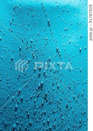 Water drops blue background. Droplet splash rain texture. Drop splash water pattern. Selective focus. 91787928