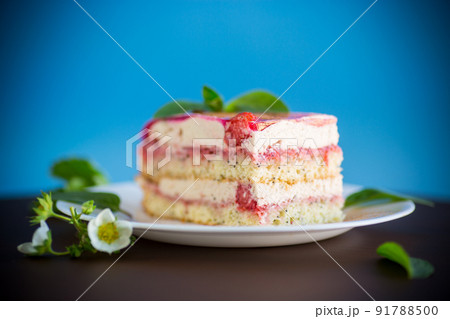 strawberry poppy cake with cream in a plate strawberry poppy cake with cream in a plate 91788500