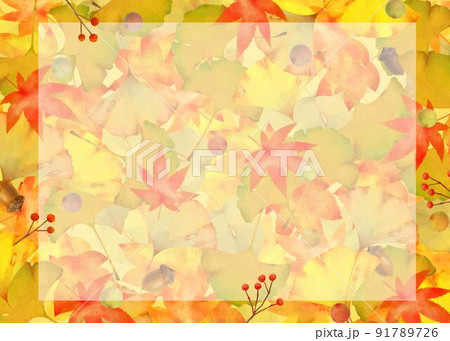 秋の紅葉した葉っぱと木の実の敷き詰められた大胆でオシャレな和風フレームイラスト素材 秋の紅葉した葉っぱと木の実の敷き詰められた大胆でオシャレな和風フレームイラスト素材 91789726
