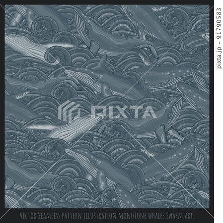 Seamless pattern illustration monotone whales swarm art 91790583