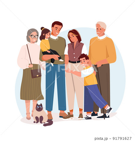 Big family vector portrait. Happy parents with children, grandma and grandpa isolated on white. Smiling dad, mom, kids and cat. Three generation together. Parents, grandparents and grandchildren. 91791627