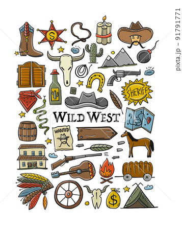 Wild Western. Adventure Background. Icons collection for your design 91791771