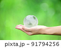 Crystal globe in hand with green background, concept for eco friendly business, green energy and climate change. 91794256