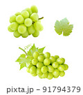 Set of cutout beautiful bunch of fresh green Shine Muscat grape and leaf isolated on white background 91794379