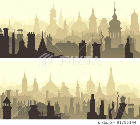 Horizontal banners with old part of the city at sunset with clouds. Horizontal banners with old part of the city at sunset with clouds. 91795144