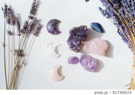 Healing crystals on brown background Healing crystals on brown background 91796624