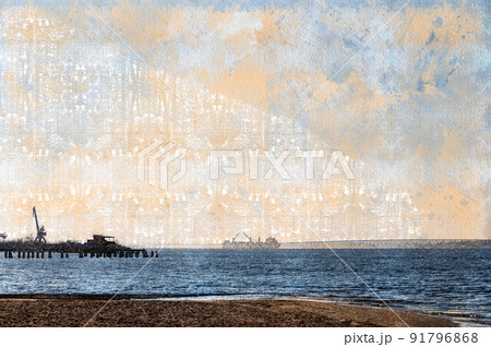Dry cargo ship with open holds is anchored in the middle of a wide river. Five-cargo ship in the outer roadstead of Nikolaev sea port. Digital watercolor painting 91796868