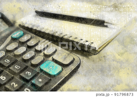 Calculator, pen, notepad lie on a gray surface. Open spring-loaded notebook with blank sheets. Digital watercolor painting 91796873