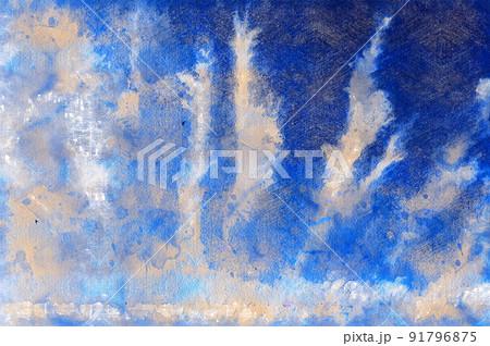 Unusual arrangement of clouds in sky. White puffy clouds in form of rays spread out from horizon. Birds flying in blue sky. Natural background. Daytime. Heavenly landscape. Digital watercolor painting 91796875
