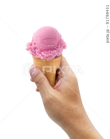 A man hand holding an ice cream cone on a white background 91799431