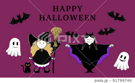 シンプルでかわいいハロウィンの仲間たちイラスト-紫背景- シンプルでかわいいハロウィンの仲間たちイラスト-紫背景- 91799740