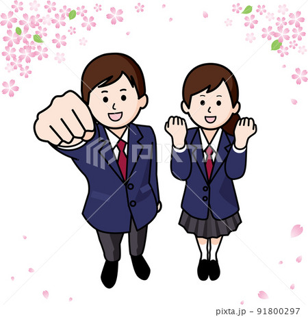 ガッツポーズする男女の学生と桜 91800297