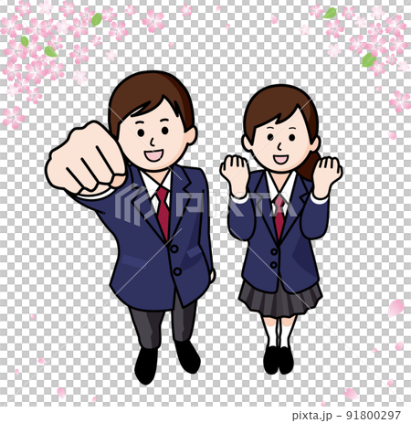 ガッツポーズする男女の学生と桜 91800297