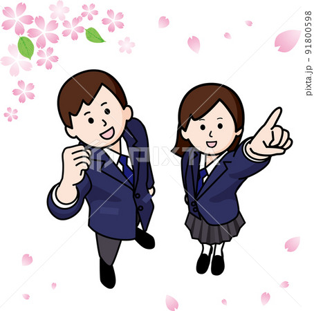 ガッツポーズする男女の学生と桜 ガッツポーズする男女の学生と桜 91800598