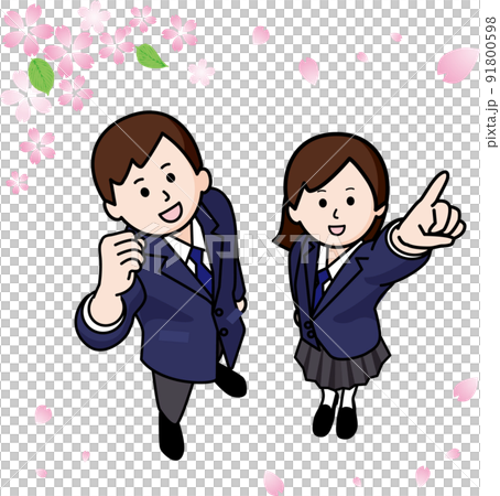 ガッツポーズする男女の学生と桜 ガッツポーズする男女の学生と桜 91800598