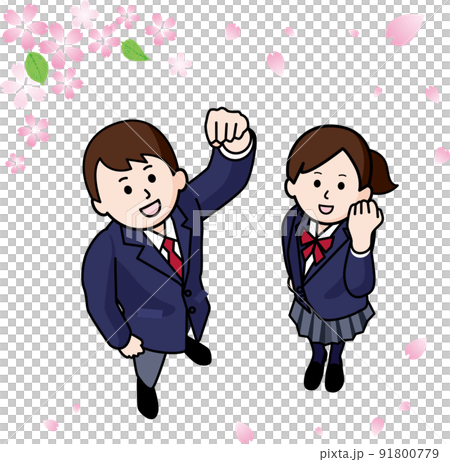 ガッツポーズする男女の学生と桜 91800779