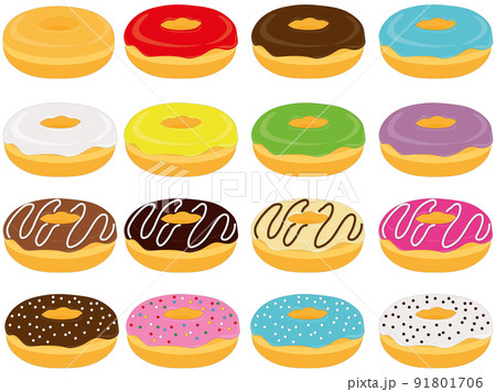 Collection of sweet doughnuts with different frostings and toppings vector illustration Collection of sweet doughnuts with different frostings and toppings vector illustration 91801706