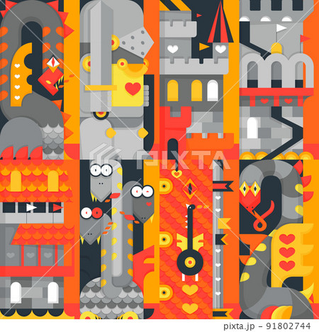Knight tales fantasy seamless pattern. Dragons and 91802744