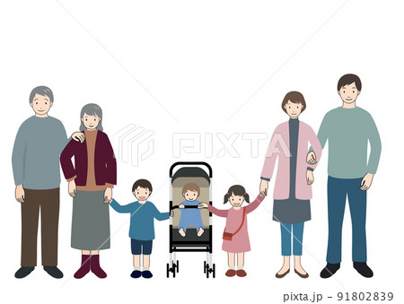 楽しそうに手を繋いで正面を向いている3世代家族のセット 91802839